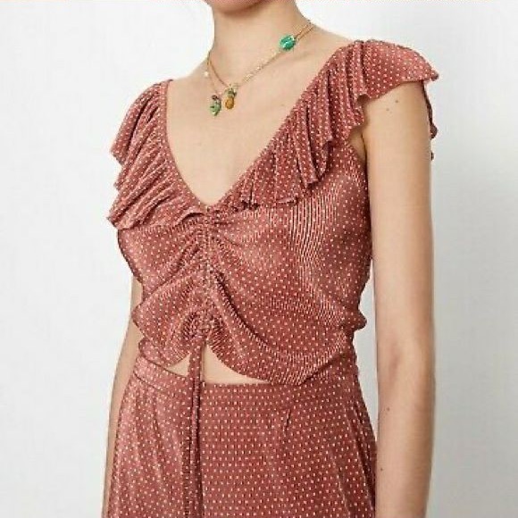 ZARA Pleated ruffled polka dot ruched top brick size S - Picture 1 of 3
